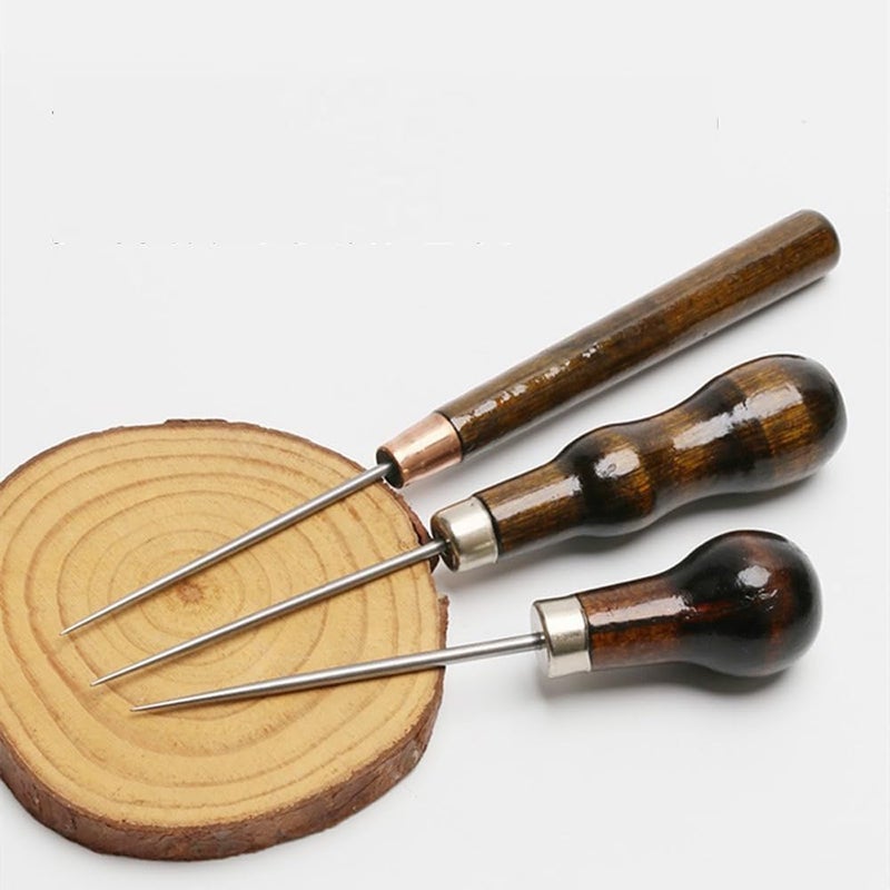 UtySty 3 Pack Scratch Awl Tool with Wooden Handle Gourd Shape Pin Punching for Leather Punch Hole Craft Repair Shoes Sewing Crochet DIY Handmade Stitch - Image 4